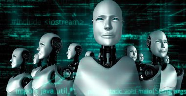 Futuristic robot artificial intelligence huminoid AI programming coding technology development and machine learning concept. Robotic bionic science research for future of human life. 3D rendering.