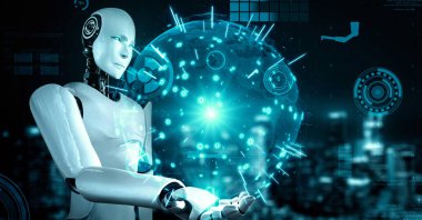 Futuristic robot artificial intelligence huminoid AI for industrial factory technology development and machine learning concept. robotic bionic science research for future of human life. 3D rendering.