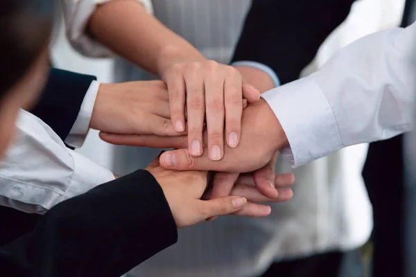 Top View Closeup Business Team Suit Clad Businesspeople Join Hand — ストック写真