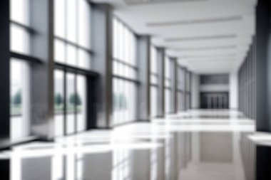 Blur background of empty entrance hall of modern public station or large convention center lobby . Contemporary beautiful office hallway with bright and clean composition
