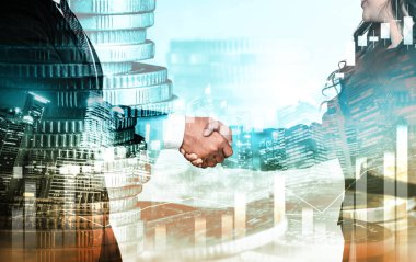 Ekonomik refah ve para teknolojisinin varlık geçmişi üzerine iş tokalaşması. Değerli borsaya yatırım yaparak ekonomik ve finansal büyüme ile refah kar birimi ticareti elde edilir