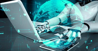 Internet connection controlled by AI robot huminoid and machine learning process to analyze data connectivity and cyber security . 3D rendering .