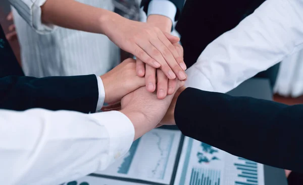 Top View Closeup Business Team Suit Clad Businesspeople Join Hand — Foto Stock