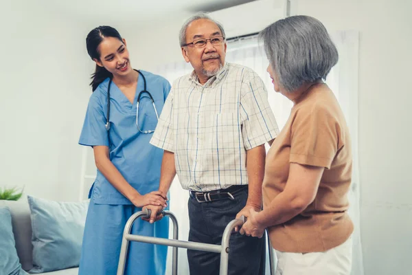 Contented Senior Man Walking Helped His Wife Caretaker Walking Aid —  Fotos de Stock