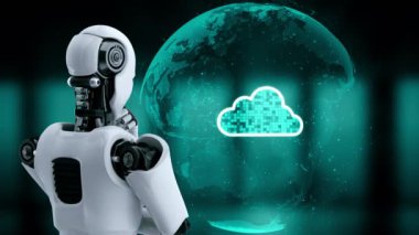 AI robot huminoid uses cloud computing technology to store data on online server . Futuristic concept of cloud information storage analyzed by machine learning process . 3D rendering .