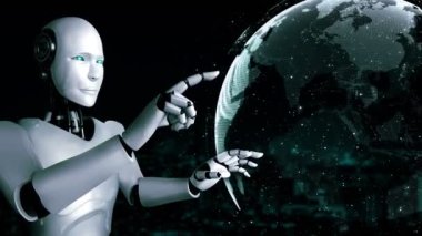 Yapay zeka robotu hologram ekranına dokunuyor ve makine öğrenme süreciyle yapay zeka kullanarak küresel iletişim ağı kavramını gösteriyor. 3B yorumlama bilgisayarı grafiği.