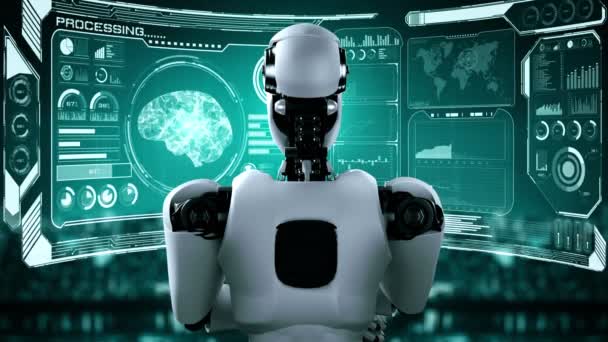 Tänker Hominoid Robot Analysera Hologram Skärm Visar Begreppet Hjärna Och — Stockvideo