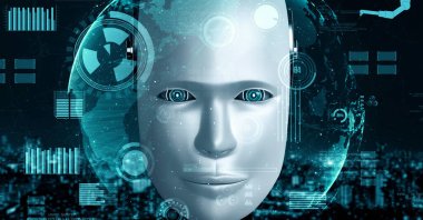 Futuristic robot artificial intelligence huminoid AI for industrial factory technology development and machine learning concept. robotic bionic science research for future of human life. 3D rendering.