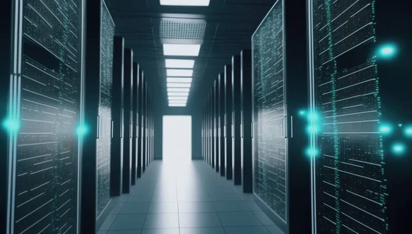 Corridor of data center with racks of server computer for cloud computing data storage , cyber security system and web hosting . Sublime Generative AI image .