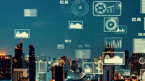 Geschäftsdaten Analytische Schnittstelle Fliegen Über Smart City Zeigt Veränderung Zukunft — Stockfoto