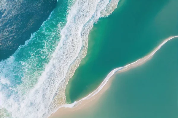 Spectacular top view from drone photo of beautiful beach with relaxing sunlight, sea water waves pounding the sand at the shore. Calmness and refreshing beach scenery.
