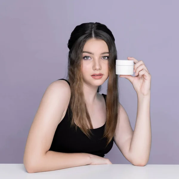 Young Charming Girl Hold Mockup Moisturizer Skincare Cream Jar Container — Fotografia de Stock