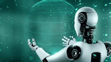 Futuristic robot artificial intelligence huminoid AI data analytic technology development and machine learning concept. Global robotic bionic science research for future of human life. 3D rendering.