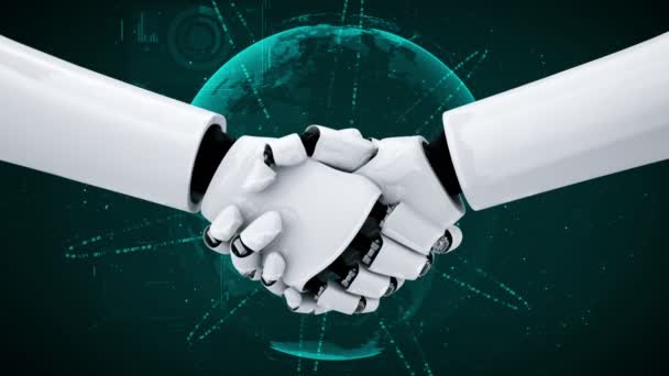 Rendering Hominoid Robot Handshake Collaborate Future Technology Development Thinking Brain — Wideo stockowe