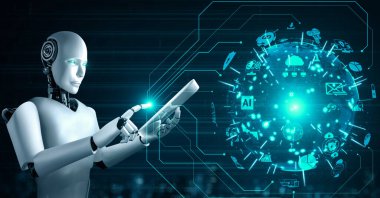 Robot hominoid using tablet computer for global network connection using AI thinking brain , artificial intelligence and machine learning process for 4th industrial revolution . 3D rendering.