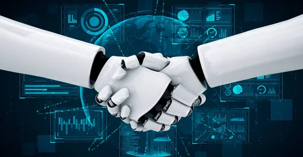 Rendering Hominoid Robot Handshake Collaborate Future Technology Development Thinking Brain — Foto de Stock