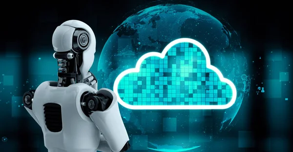 AI robot huminoid uses cloud computing technology to store data on online server . Futuristic concept of cloud information storage analyzed by machine learning process . 3D rendering .