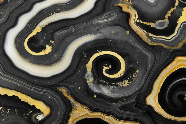 Abstract art background with a fluid marble black and gold texture. Splendid generative AI luxury abstract artwork in alcohol ink technique. Shiny golden wave swirl pattern on a black background.