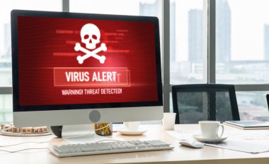 Bilgisayar ekranındaki virüs uyarısı mobil siber tehdit, hacker, bilgisayar virüsü ve kötü amaçlı yazılım tespit edildi