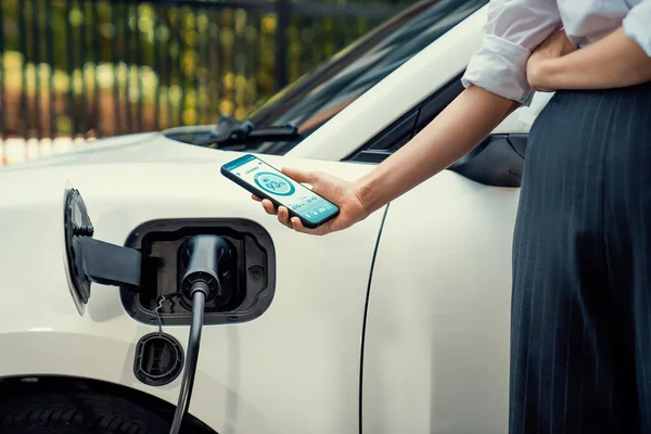 Battery Status Electric Vehicle Displayed Smartphone Application Software While Vehicle — Fotografia de Stock