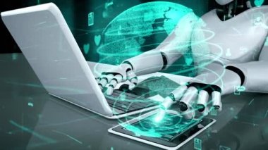Internet connection controlled by AI robot huminoid and machine learning process to analyze data connectivity and cyber security . 3D rendering .