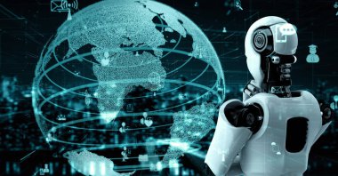 Internet connection controlled by AI robot huminoid and machine learning process to analyze data connectivity and cyber security . 3D rendering .