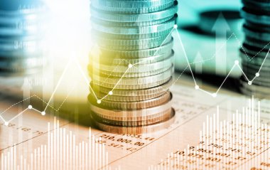 Finans ve para teknolojisi iş refahı ve varlık yönetimi kavramı. Yaratıcı grafik, refah karı elde etmek için değerli varlıklara yatırım yaparak ekonomi ve mali büyümeyi gösteriyor .