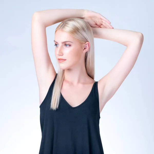 Personable Woman Lifting Her Armpit Showing Hairless Hygiene Underarm Beauty — 스톡 사진