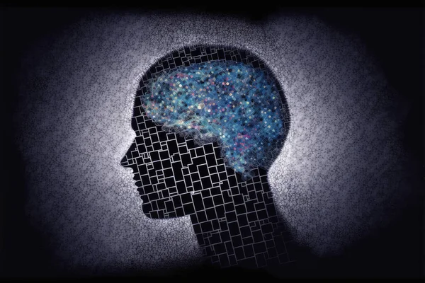 Genius human head with AI brain artificial intelligence virtual thinking system. Peculiar AI generative image.