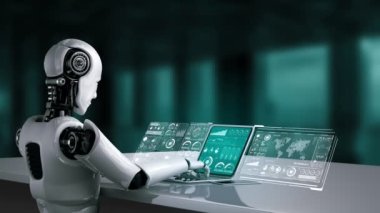Robot hominoidler dizüstü bilgisayar kullanırlar ve büyük veri analizi için masaya otururlar. Dördüncü endüstriyel devrim için yapay zeka, yapay zeka ve makine öğrenme yöntemlerini kullanarak. 3B görüntüleme.