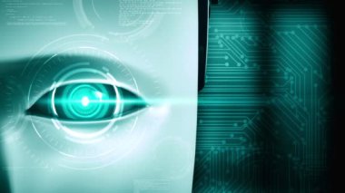 Robot hominoid face close up with graphic concept of big data analytic by AI thinking brain, artificial intelligence and machine learning process for the 4th fourth industrial revolution. 3D rendering