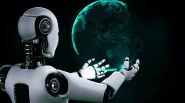 AI hominoid robot holding virtual hologram screen showing concept of big data analytic using artificial intelligence thinking by machine learning process. 3D rendering.