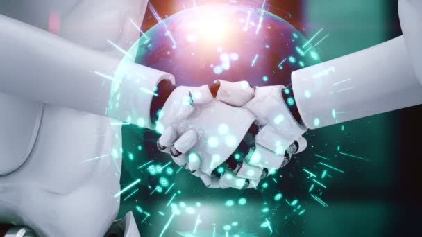 Rendering Hominoid Robot Handshake Collaborate Future Technology Development Thinking Brain — Αρχείο Βίντεο