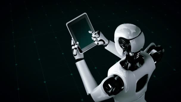 Hominóide Robô Usando Computador Tablet Para Análise Big Data Usando — Vídeo de Stock