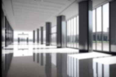 Blur background of empty entrance hall of modern public station or large convention center lobby . Contemporary beautiful office hallway with bright and clean composition