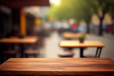 Empty wood table for product display in blur background of admirable restaurant at night