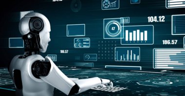 Future financial technology controll by AI robot huminoid uses machine learning and artificial intelligence to analyze business data and give advice on investment and trading decision . 3D rendering .