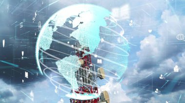 Dünya çapında internet ağı bağlantıları kavramında küresel iş değişikliğinin ve mavi gökyüzüne karşı e-ticaretin 3 boyutlu grafiğine sahip telekomünikasyon kulesi .