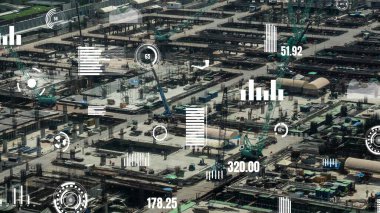 Otomasyon konseptini ve uzaktan kablosuz makine kontrolünü gösteren bir bilgisayar yazılımında fütüristik HUD kullanarak inşaat teknolojisi konsepti üzerinde değişiklik grafiği içeren konsept .