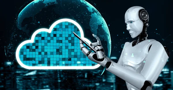 Robot Huminoid Uses Cloud Computing Technology Store Data Online Server — Stock fotografie