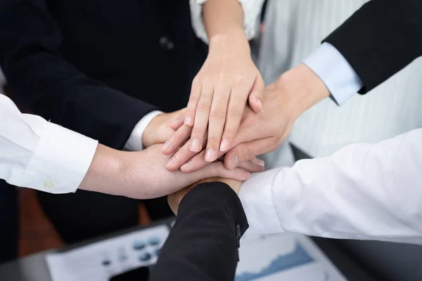 Top View Closeup Business Team Suit Clad Businesspeople Join Hand — стоковое фото