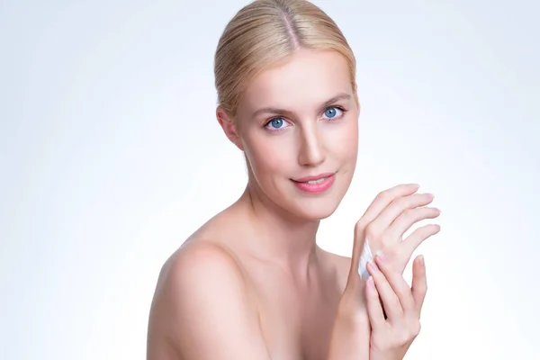 Personable Woman Applying Moisturizer Cream Her Hand Perfect Skincare Treatment — Stock Fotó
