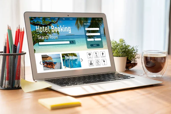 Online Hotell Boende Bokning Webbplats Ger Modish Bokningssystem Reseteknik — Stockfoto