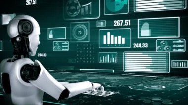 Future financial technology controll by AI robot huminoid uses machine learning and artificial intelligence to analyze business data and give advice on investment and trading decision . 3D rendering .