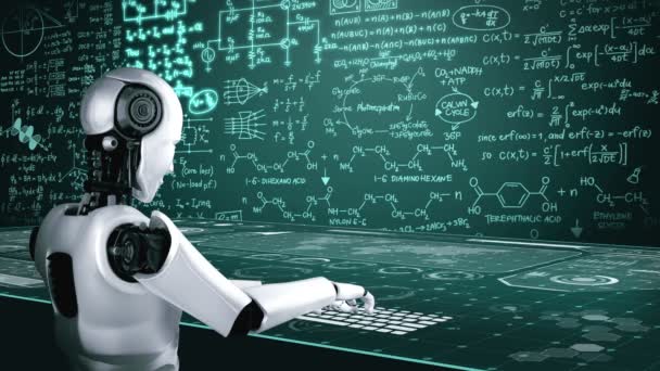 人間型ロボットはラップトップを使用し Ai思考脳 人工知能 機械学習プロセスを用いた第4次産業革命のための工学科学研究のためのテーブルに座っています 3Dレンダリング — ストック動画