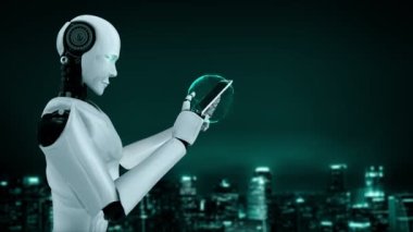 AI robot huminoid uses cloud computing technology to store data on online server . Futuristic concept of cloud information storage analyzed by machine learning process . 3D rendering .