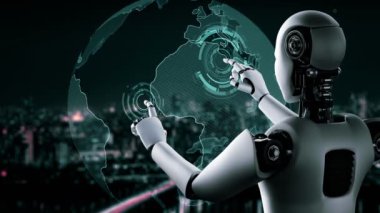 Future financial technology controll by AI robot huminoid uses machine learning and artificial intelligence to analyze business data and give advice on investment and trading decision . 3D rendering .