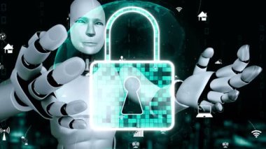 AI robot huminoid uses cloud computing technology to store data on online server . Futuristic concept of cloud information storage analyzed by machine learning process . 3D rendering .