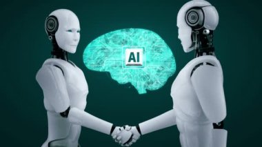 3D rendering hominoid robot handshake to collaborate future technology development by AI thinking brain, artificial intelligence and machine learning process for 4th industrial revolution.