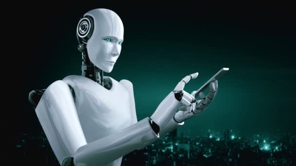 机器人人形机器人使用手机或平板电脑进行全球网络连接 利用人工智能 人工智能和机器学习过程进行第四次工业革命 3D渲染 — 图库视频影像